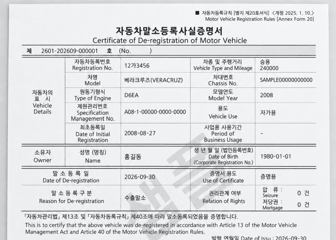 자동차 말소등록사실증명서 예시